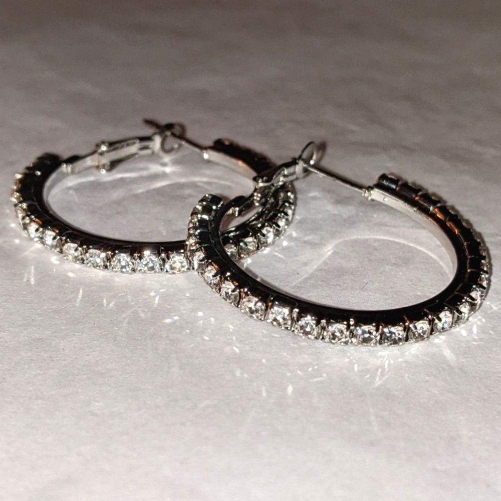 Silver Rhinestone Hoop Earrings Medium - Picture 6 of 8